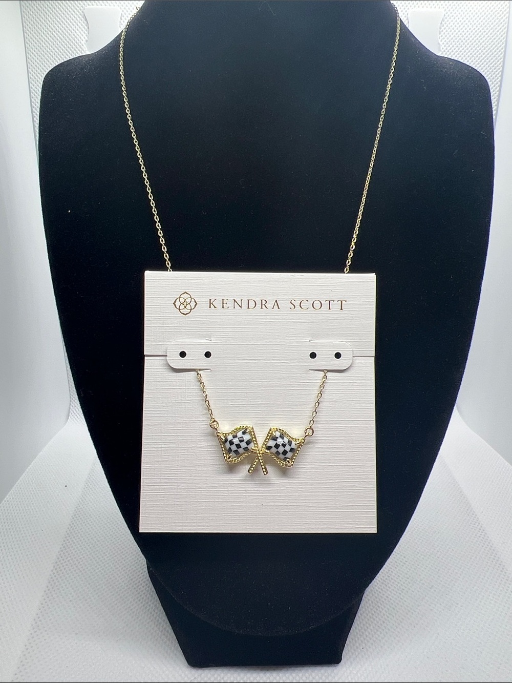 Kendra Scott Gold Necklace with Black & White Enamel Flag Charms